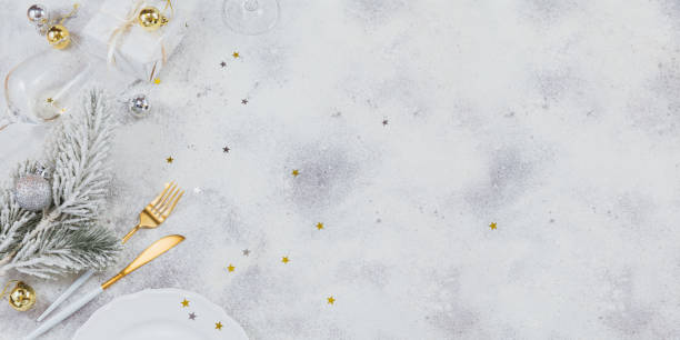 istock Christmas creative composition with cutlery, Christmas gift, fir branches, decoration 1200538378