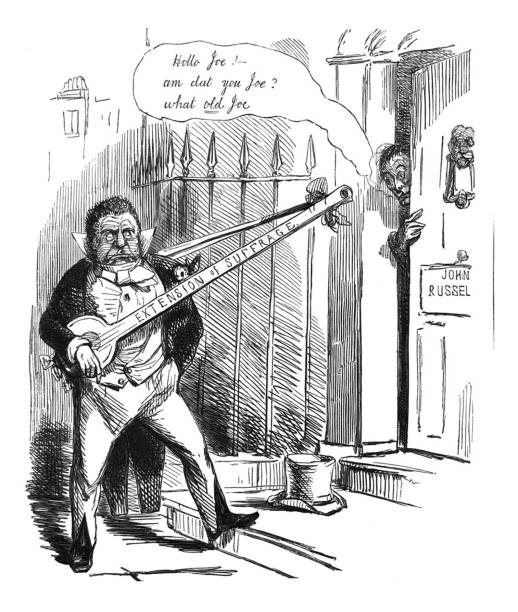 British satire comic cartoon caricatures illustrations - Man with a banjo labeled extension of suffrage in front of John Russel's house From Punch's Almanack john russell stock illustrations