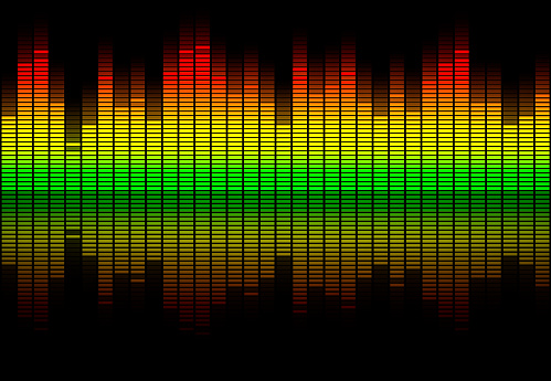 Colorful retro audio equalizer bars with sound spectrum colors from green to red isolated on black. Music or decibels wave illustration.