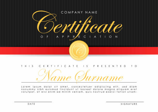 Certificate template in elegant dark blue colors with golden medal. Certificate of appreciation, award diploma design template. Certificate template in elegant dark blue colors with golden medal. Certificate of appreciation, award diploma design template. Vector banking borders stock illustrations