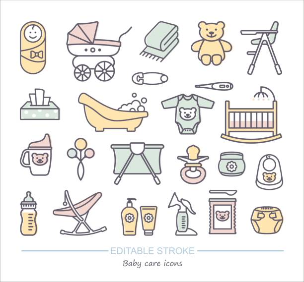 Baby care. Feeding and bathing of newborns. Set of linear icons with editable stroke Baby care. Feeding and bathing of newborns. Set of linear icons with editable stroke baby goods stock illustrations