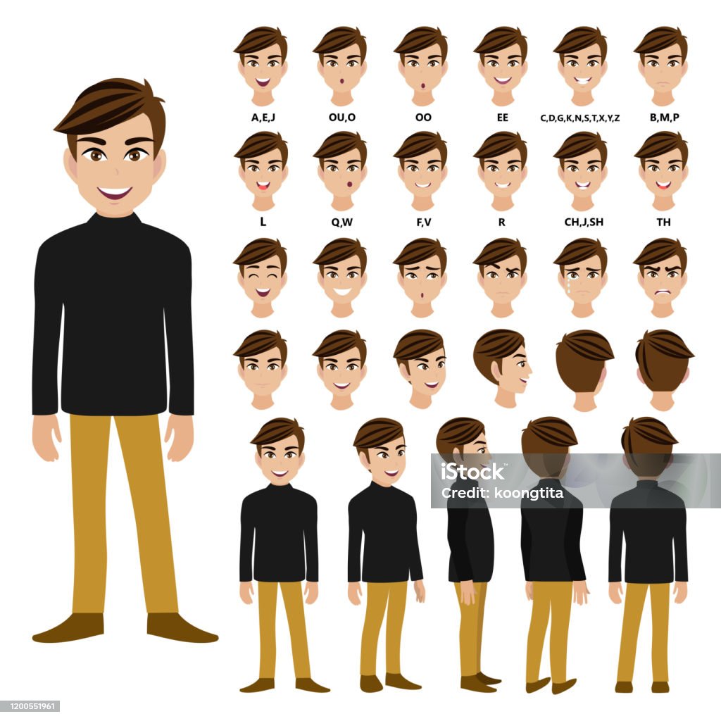 Cartoon Character With Male In Longsleeved Turtleneck Tshirt For Animation  Front Side Back 34 View Character Flat Vector Illustration Stock  Illustration - Download Image Now - iStock