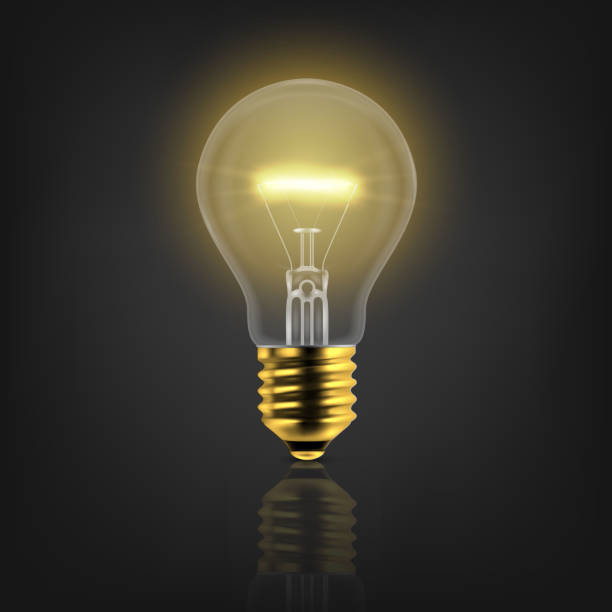istock Vector 3d Realistic Golden Turning On Light Bulb Icon Closeup Isolated on White Background with Reflection. Glowing Incandescent Filament Lamps. Creativity Idea, Business Innovation Concept 1200552676