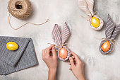 Spring flat lay. Rustic table top view. Easter day background.