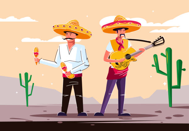 vektor-illustration von zwei mexikanischen männern in traditionellen kostümen spielen musikinstrumente, musik auf gitarre und maracas spielen - men latin american and hispanic ethnicity young men smiling stock-grafiken, -clipart, -cartoons und -symbole