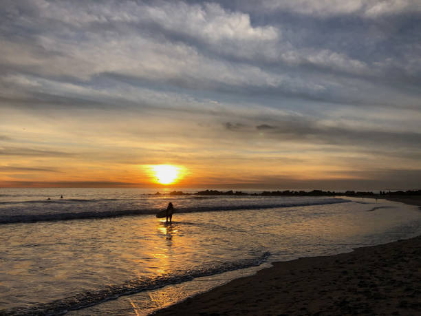 サーファーは南カリフォルニアのヴェネツィアの太平洋で一日の最後の時間を楽しむ - santa monica surfing beach city of los angeles ストックフォトと画像