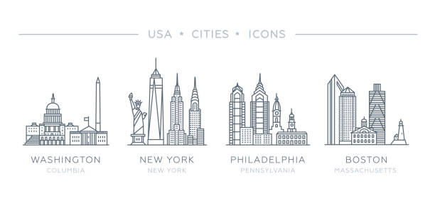 米国の有名な都市と最大の都市のラインアイコンを設定します。 - boston skyline new england urban scene点のイラスト素材／クリップアート素材／マンガ素材／アイコン素材