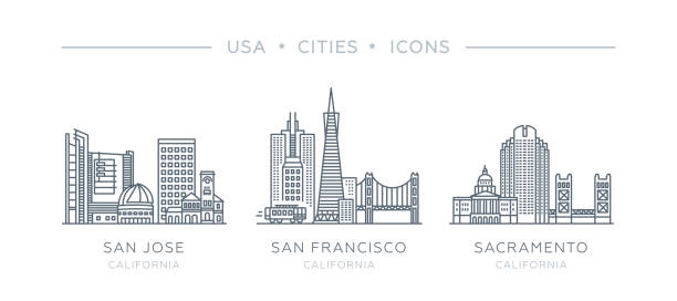 ilustrações, clipart, desenhos animados e ícones de definir ícones de linha de cidades famosas e maiores dos eua. - cityscape san francisco county city office building