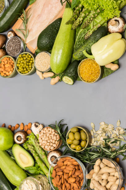 istock Balanced food set, green vegetables, seeds nuts, chicken meat 1200558505