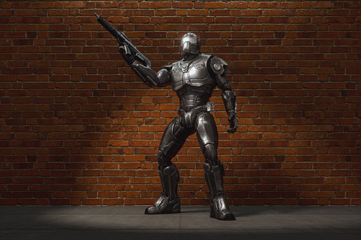 Futuristic cyborg soldier on the street, 3D generated image.
