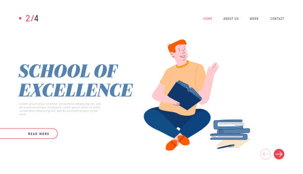 istock Education and Gaining Knowledge Website Landing Page. Young Man Student Sitting with Books Learning Homework or Prepare to Exams in College Web Page Banner. Cartoon Flat Vector Illustration, Line Art 1200558962