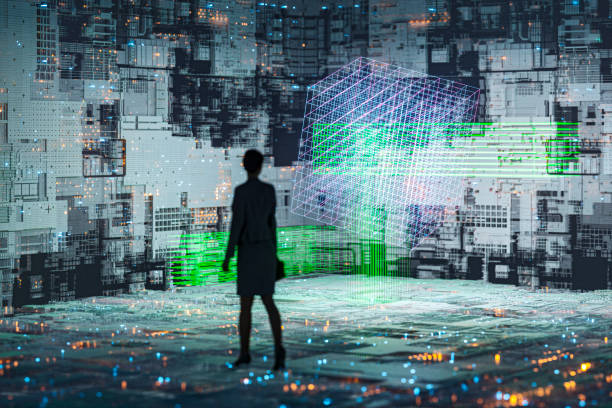 istock Abstract technology background image with walking businesswoman 1200558976