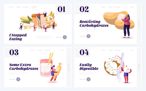 炭水化物健康と不健康な栄養ウェブサイトのランディングページセット。コレステロールとブドウ糖, 低糖製品の人々のための糖尿病患者のための食事ウェブページバナー.漫画フラットベク� - carbohydrate diabetes pasta food点のイラスト素材／クリップアート素材／マンガ素材／アイコン素材