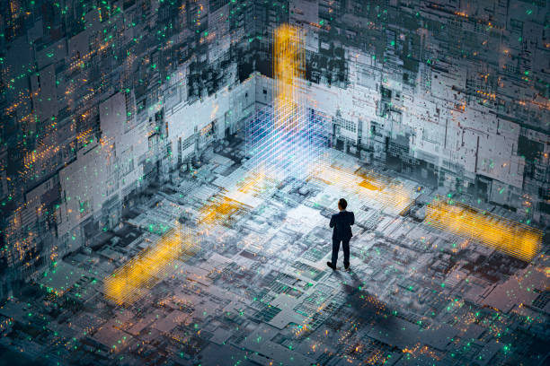 Abstract technology background image with standing businessman Abstract technology background image with standing businessman. This is entirely 3D generated image. quantum stock pictures, royalty-free photos & images