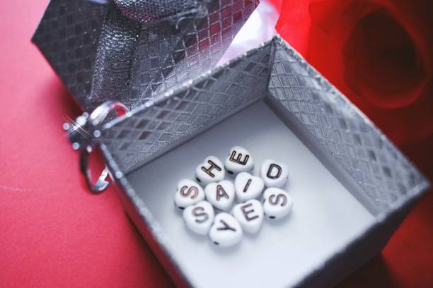 istock She said yes in a heartshaped letters in a ring box, next to a rose and a ring 1200560621