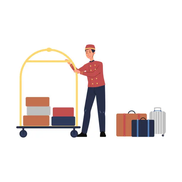 Vector illustration of Porter man character with luggage trolley flat vector illustration isolated.