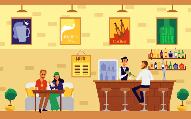 Cartoon couple having a drink in cafe - modern bar interior banner Cartoon couple having a drink in cafe - modern bar interior banner with bartender serving alcohol drinks and people having conversation. Flat vector illustration. indoors bar restaurant sofa stock illustrations