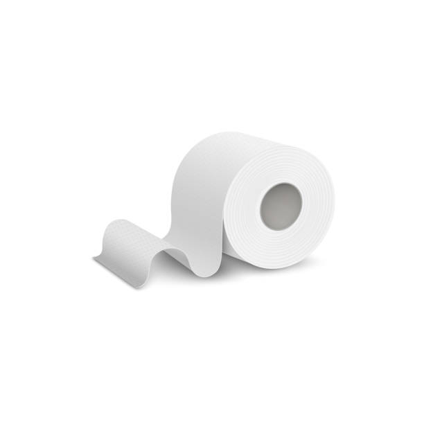 Single roll of toilet or lavatory paper realistic vector illustration isolated. Single roll of white and clean toilet or lavatory paper icon, 3d realistic vector mockup illustration isolated on background. Hygienic paper template for brand design. toilet paper stock illustrations