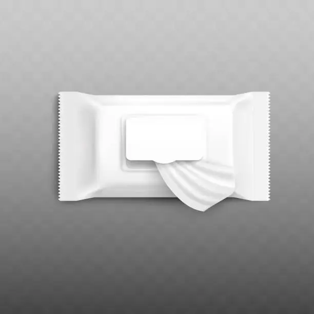 Vector illustration of Wet wipes packaging mockup with open flap showing single napkin wipe.