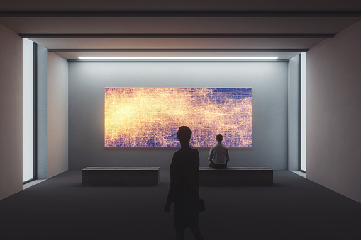 Empty art gallery with blank display. Abstract particle image is my own render - already approved and in my portfolio. This is entirely 3D generated image.