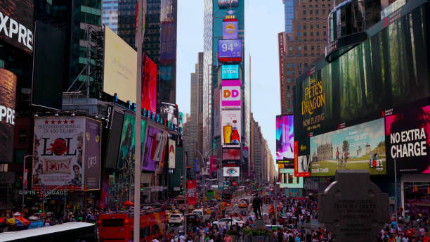 mid air view of time square - city night lighting equipment mid air imagens e fotografias de stock