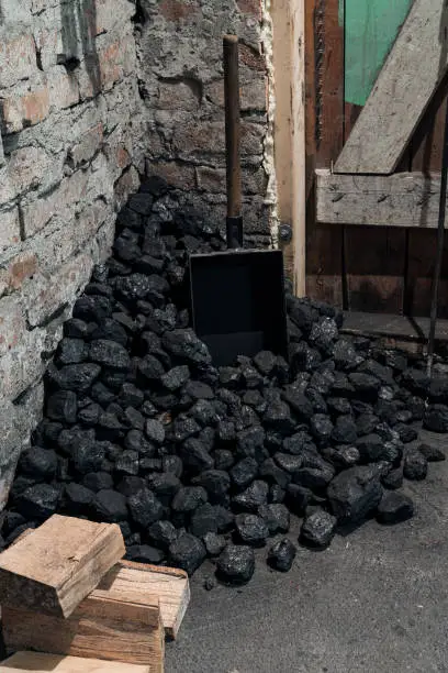 Photo of Coal, wood and shovel on the floor at the basement prepared for heating the house with.