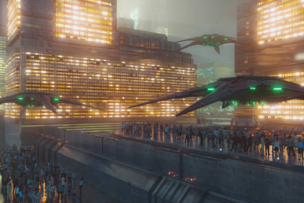 istock Futuristic city with people at night 1200569614