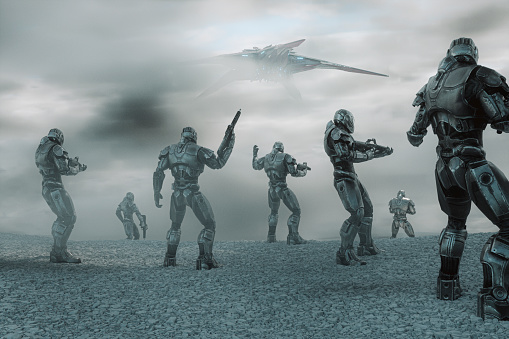 Futuristic cyborg army squad with approaching spaceship. 3D generated image.