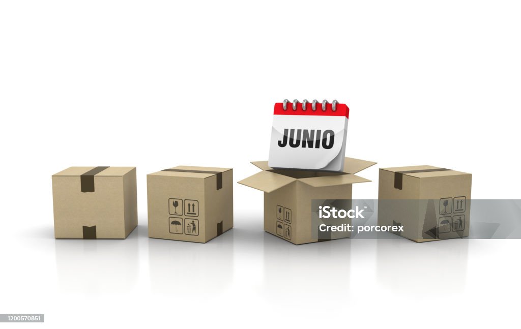 Cardboard Box with JUNIO Calendar - Spanish Word - 3D Rendering 2021 Stock Photo