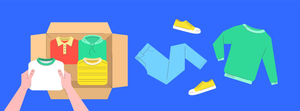 illustrazioni stock, clip art, cartoni animati e icone di tendenza di concetto di donazione di vestiti linee piatte con scatola aperta - cardboard box box open carton