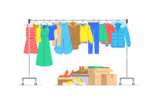 Donation clothes and shoes with hanger rack Cloth donation concept. Men and women clothes hanging on hanger rack. Boxes with shoes and different stuff. Flat lines vector illustration. Charity volunteer support. Social help banner preppy fashion stock illustrations