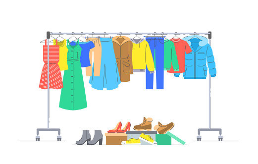 Men and women casual clothes on hanger rack. Boxes with shoes. Flat lines vector illustration. Male and female garments hanging on shop rolling display stand. Cloth donation. Seasonal sale concept