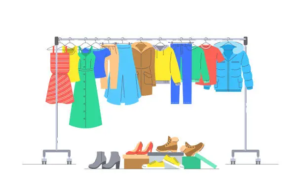 Vector illustration of Clothes on hanger rack and shoes in boxes