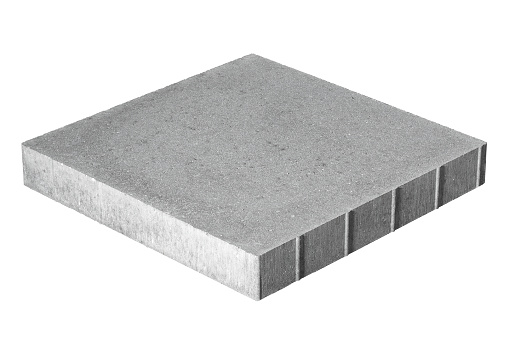 Paving stone made of concrete isolated on white background. Tile has a flat upper surface without chamfer and fit snugly when paving.