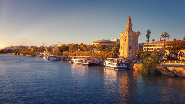 torre del oro, con luces de puesta de sol, en el cauce del río guadalquivir, sevilla, españa - seville sevilla andalusia torre del oro fotografías e imágenes de stock