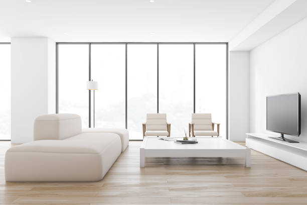istock Comfortable white living room with sofa and TV 1200575972
