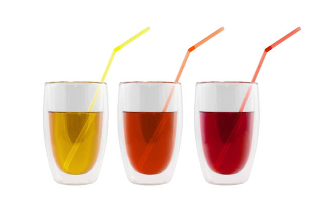 Set of colorful beverages with straws. Glasses of drinks with bright colors. Isolated on white background.