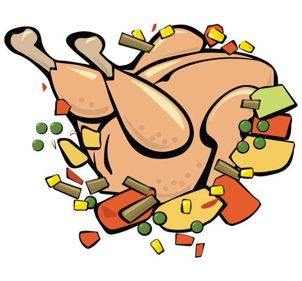 istock Chicken  with vegetables on lettuce leaves. Pop art. Retro style. Vector illustration 1200577521