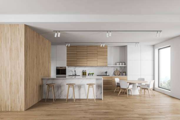 istock Luxury white and wood kitchen with marble bar 1200577700