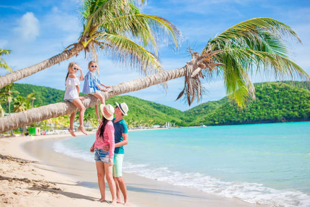 istock Little girls having fun sitting on the palm tree. 1200577711