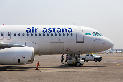 Almaty / Kazakhstan - 07 28 2019: Airplane Airbus A320 of Kazakhstan Air Astana at the airport of Almaty