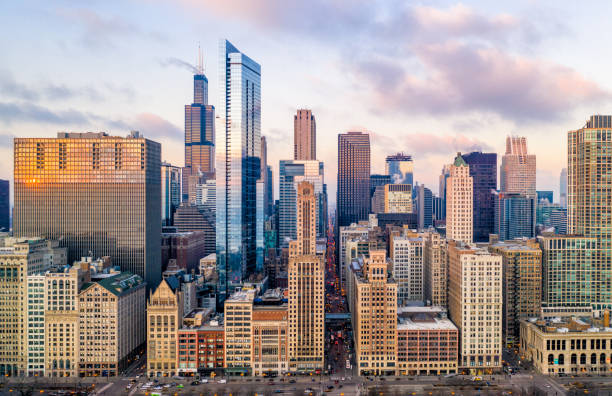シカゴ・シティスケープ・フロンズ・グラント・パークのダウンタウン - chicago aerial ストックフォトと画像