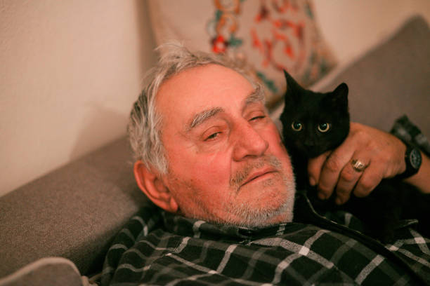 istock Old man with his cat on the couch 1200580689