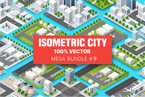 Isometric set terminal airport transportation of blocks module of areas of the city construction, and designing of the perspective city of design of the urban environment