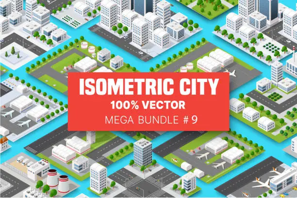 Vector illustration of Isometric set terminal airport transportation of blocks