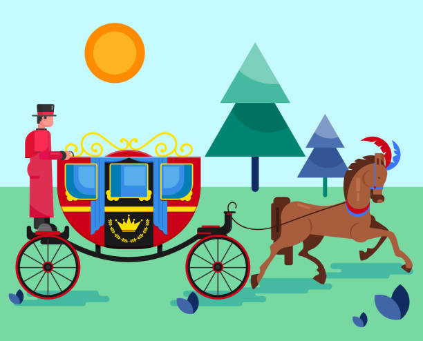 Horse old retro carriage with coachman in nature park vector ill Horse old retro carriage with coachman in nature park vector illustration flat style. Festive decorated horse animal and royal coach with crown sign. Excursion, walk, entertainment, transportation. chariot racing stock illustrations