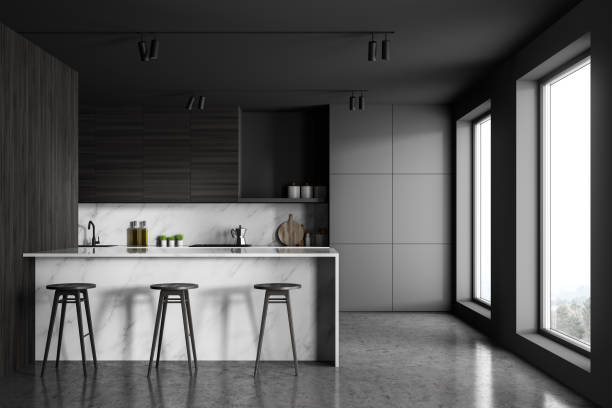 istock Loft gray kitchen interior with marble bar 1200584226