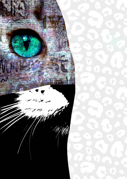 istock Mixed media art collage. Close up view of cat with green eyes. 1200584264