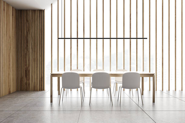 istock Panoramic attic wooden dining room interior 1200584670