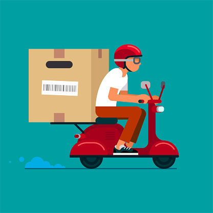Flat style illustration of a young delivery person on a red scooter carrying a large delivery box.
This file is layered and grouped, easy to edit.